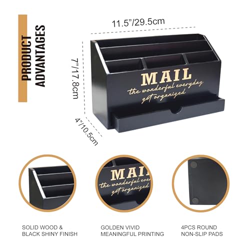 EXQUIDECA Wooden Black Rustic Countertop Mail Storage Holder with Drawer and Compartments - Office Desk Accessories and Workspace Organizers - Desktop Sorter for Pen Stationery Letter Files Documents - color: Black storage box
