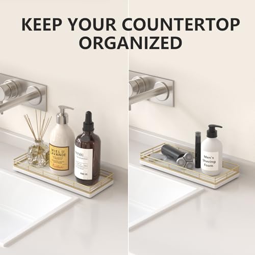 Bathroom Tray for Counter Top Organizer – Oak Wood Vanity Tray with Metal Frame for Dresser, Kitchen, Nightstand – Gold & White Decorative Storage - color: Gold & White, size: 11" x 4.5" x 1.5"