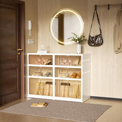 3-Tier Portable Shoe Rack Organizer for Closet, 12 Pairs Shoe Container Bins, Clear Plastic Collapsible Shoes Storage Box, Stackable Sneaker Storage Shoe Cabinet with Door - size: 3 Tiers - 12 Pairs