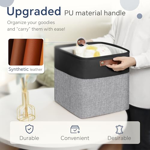 FinishingBo Cube Storage Baskets 6 Pack, 11x11 inch Cube Storage Bins with Leather Handles for Shelf Closet (Black/ Gray) - color: Black/ Gray