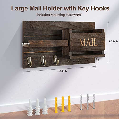 Lwenki Mail Organizer for Wall Mount – Key Holder with Shelf Includes Letter Holder and Hooks for Hallway Farmhouse Decor – Rustic Wood with Flush Mounting Hardware (16.5” x 9.1” x 3.4”) (Brown) - color: Brown