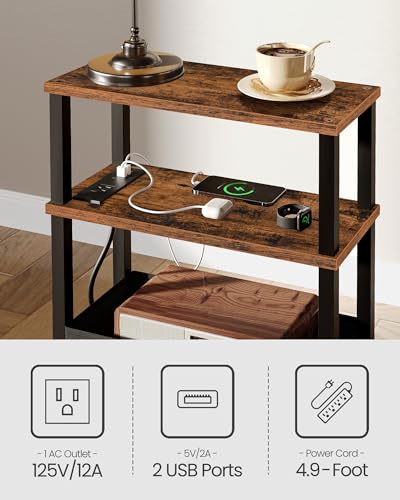 CHOEZON Small Narrow Side Table with Charging Station, Skinny End Table with Fabric Basket, Slim Nightstand for Small Spaces, Sofa Side Table, for Living Room, Bedroom, Rustic Brown and Black TBZ07UBF - color: Rustic Brown + Black