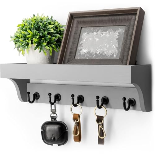 Rebee Vision Decorative Key Holder for Wall - Modern Farmhouse Wall Mount Mail Organizer Keys Hanger with Floating Shelf, 5 Rustic Key Hooks for Entryway Home Decor (Gray) - color: Gray