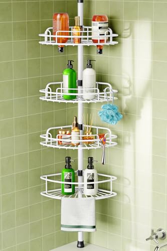 HAMITOR Corner Shower Caddy Tension Pole: Rustproof Bathroom Organizer Shelves for Bathtub Shampoo Accessories Storage Holder - 47-121 Inch Adjust - White - color: White