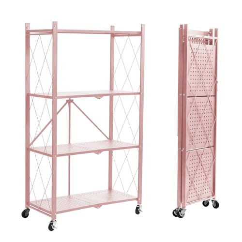 BRIAN & DANY 4-Tier Foldable Storage Shelves with Wheels, Folding Metal Rack Shelving Unit, Heavy Duty No Assembly Organizer Shelf for Garage, Kitchen, Basement, Pantry, Pink - color: Pink, size: 4-tier