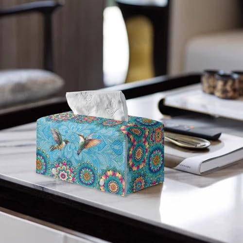 Tissue Box Cover, Modern PU Leather Tissue Box Tissues Cover Sturdy & Portable Tissues Holder for Night Stands Bedroom Decor Home Decor Items Hummingbirds - color: Blue Hummingbirds