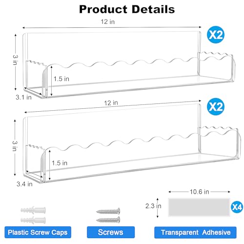 12 inch Spice Rack Wall Mounted,4 Pack Spice Organizer Shelf for Stove Cabinet Pantry Door, Adhesive or Screw Hanging Wall Spice Shelf Storage Holder in Kitchen and RV - Clear Color - color: Clear, size: 12"