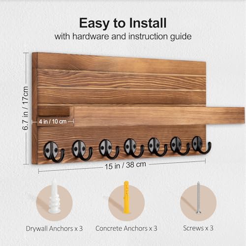 Lwenki Key Holder Wall Mount, Entryway Key and Mail Holder with 7 Sturdy Hooks for Sunglasses, Dog Leash, Decorative Wall Shelf with Mounting Hardware, 15”W x 6.7”H x 4.2”D - color: Burnt Wood