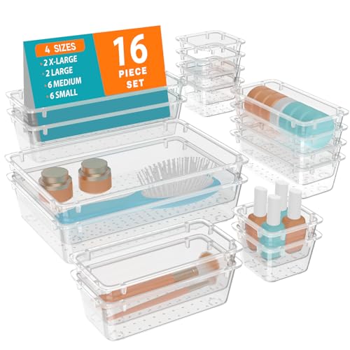 WOWBOX 16 PCS Clear Plastic Drawer Organizer Set, 4 Sizes Desk Drawer Organization and Storage Containers for Makeup, Cosmetics, Jewelry and Gadgets in Kitchen, Bathroom, Bedroom, Office, Clear - color: Clear, size: 16 PCS