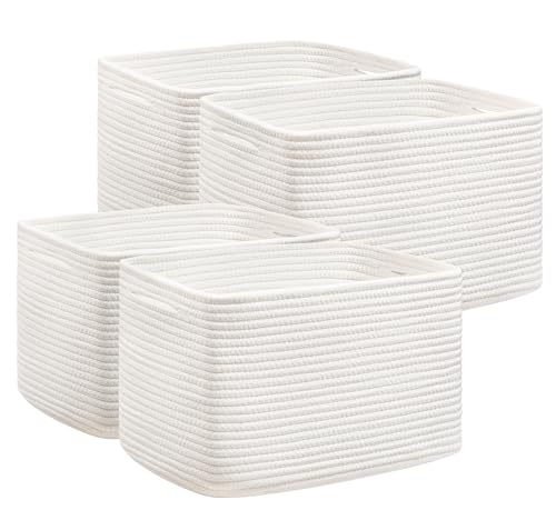 UBBCARE 4 Pack Baskets for Organizing, Woven Storage Baskets for Toys and Towel, Rectangle Cotton Rope Basket with Handles, 14''L x9''W x8''H, White - color: All White, size: 4 Pack - 14 X 8 X 9 Inches