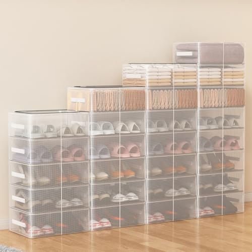 Stackable Storage Boxes with Clear Lids, 15.8-Inch Closet Storage Bins with Metal Frame for Shoe, Boot, ﻿Sneaker (1 Pack, 19Qt, 15.8x11.8x6in) - style: 1 Pack