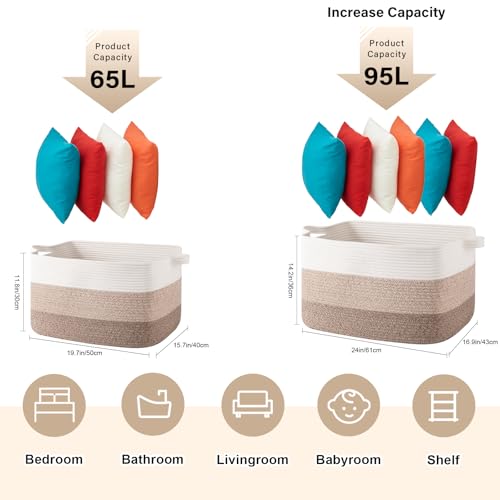 65L Cotton Rope Large Blanket Basket (19.7"x15.7"x11.8") for Living Room, Kids Room & Laundry, Storage Basket with Handle for Organizing Blankets, Pillows, Clothes & Toys, Gradient Yellow - color: Gradient Yellow, size: 19.7"x15.7"x11.8"