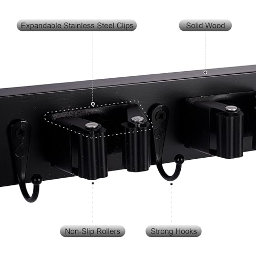 FunCee Broom Holder Wall Mount With 5 Slots & 4 Hooks，Rustic Wood Broom & Mop Hanger，Wall Mounted Garden & Garage Tool Storage Organizer Rack for Closet Laundry Room or Kitchen Wall Decor Black - color: Black