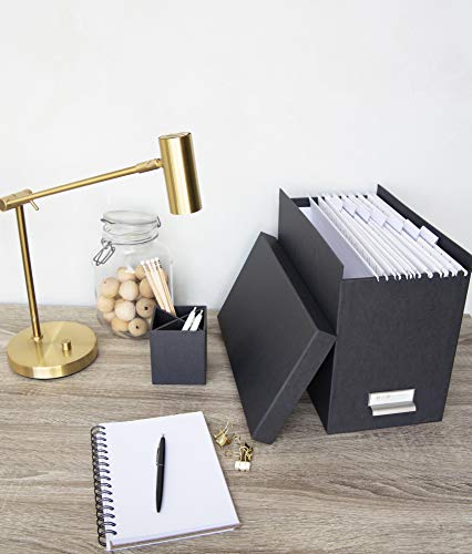 Bigso John Fiberboard Label Frame Desktop File Storage Box - Document Organizer for Important Paperwork - Durable Hanging File Box with a Lid & Metal Label Window - 7.36 x 13.38 x 10.51 in - Dark Grey - color: Dark Grey