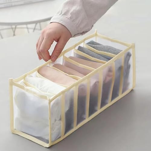 7-Compartment Underwear Storage Box with Breathable Nylon Mesh, Foldable Drawer Organizer for Socks, Lingerie, and Small Clothing Items - color: Apricot, size: 7 Cell