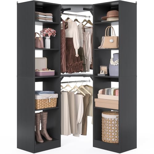 Besiost Corner Closet System with 12 Shelves, 39.2" Corner Closet Organizer System with 2 Hanging Rods, Versatile 6-Tier Walk-in Closets for Corner Space, Black (39.2" L x 39.2" W x 80" H) - color: Black, size: 39.2" - Without Lights