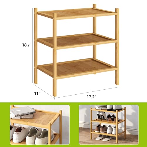 BMOSU 3-Tier Bamboo Small Shoe Rack Premium Stackable Shoe Shelf Storage Organizer for Hallway Closet Living Room Entryway Organizer(Natural) - color: Natural, size: Small-3-Tier（17*11*18.3inches）
