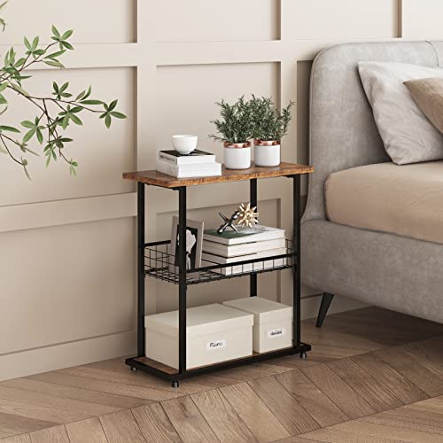 PROXRACER Side Table, 3-Tier End Table, Narrow Sofa Table Bedside Table, Small Nightstand with Storage Shelf for Living Room, Study, Bedroom, Rustic Brown - color: Brown, size: No Fence