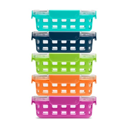 Ello Duraglass 3.4 Cup Meal Prep Sets 10Pc, 5 Pack Set- Glass Food Storage Container with Silicone Sleeve and Airtight BPA-Free Plastic Lids, Dishwasher, Microwave, and Freezer Safe, Fruit Salad - color: Fruit Salad, size: 3.4 Cup