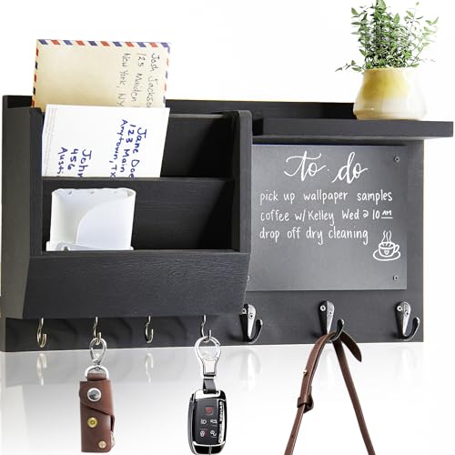 Ziivita Key Holder for Wall - Mail Holder Organizer Wall Mount with Shelf - Hanging Key Rack Hanger with Hooks Decorative for Home Coat Letter Dog Leash Entryway Living Room Decor - color: Black