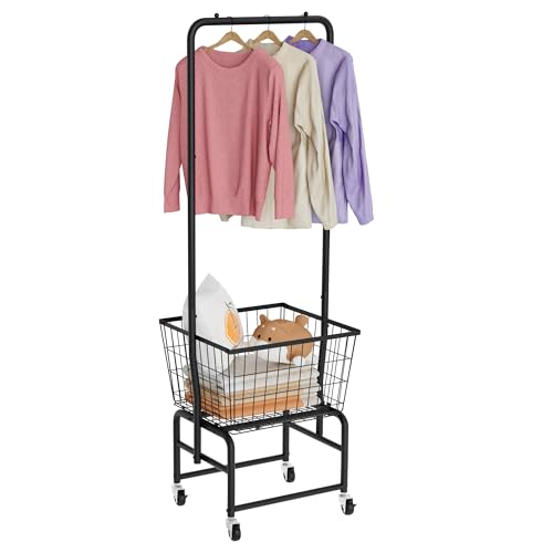 Rolling Laundry Cart with Wheels, Laundry Hamper Basket Organizer with Clothes Hanging Rack, Wire Storage Cloth Shelf Butler, Black - color: Black
