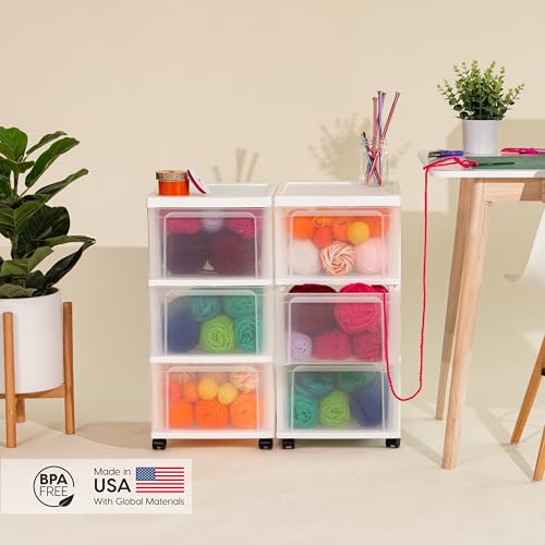 IRIS USA Plastic 3-Drawer Storage Organizer Rolling Cart, with Wheels Casters, 2-Pack, for Classroom Art Supplies Bathroom Dorm Bedroom Laundry Room, Slim Narrow, White/Clear - color: White