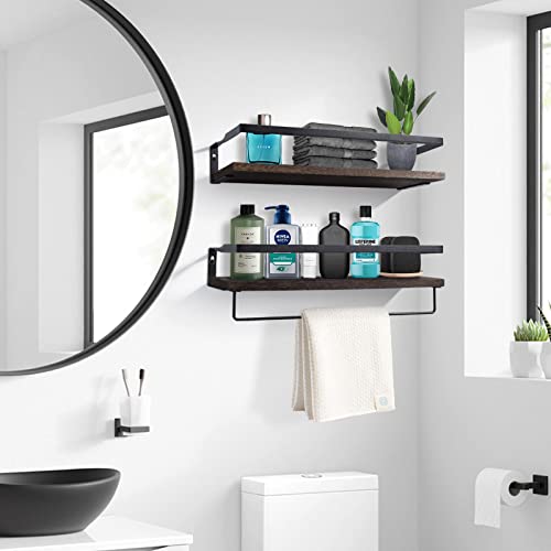 Uten Floating Shelves, Wall Shelves Set of 2, Wall Mounted for Bathroom, Bedroom, Kitchen, Bathroom Shelf with Towel Bar, Sturdy Structure, Easy Installation - color: Dark Brown