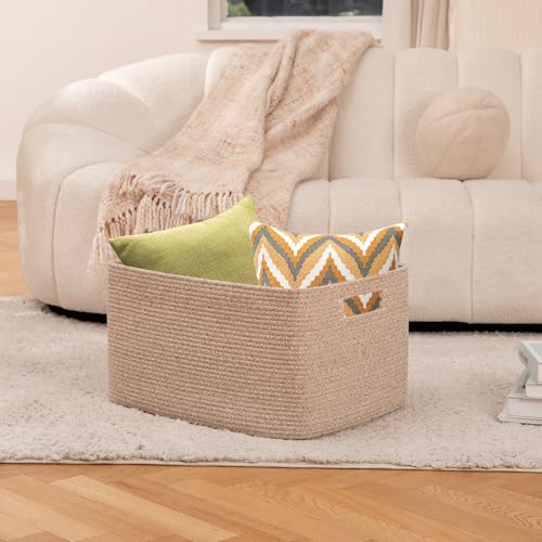 OIAHOMY 75L Large Woven Cotton Rope Storage Basket with Handle for Organizing Blanket and Toys for Living Room, Nursery, Brown Variegated 22”x17”x12” - color: Brown variegated, size: 22”x17”x12”