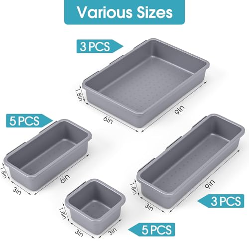 16 PCS Drawer Organizer Set, 4 Size Makeup Drawer Divider Organizer With Non-Slip Pads, Interlocking Plastic Storage Bins for Office,Jewelry Vanity,Gadgets, Bathroom,Kitchen, Grey - color: Grey, size: 16Pack