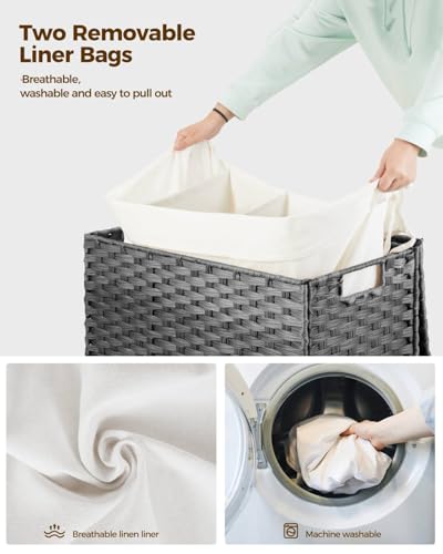 GREENSTELL Laundry Hamper with Wheels&Lid, 130L Large 3 Sections Clothes Hamper with 2 Types Removable Liner Bags, 5 Mesh Laundry Bags, Handwoven Divided Laundry Basket Gray - color: Gray, size: 130L: 25.6x13.0x25.7 Inches