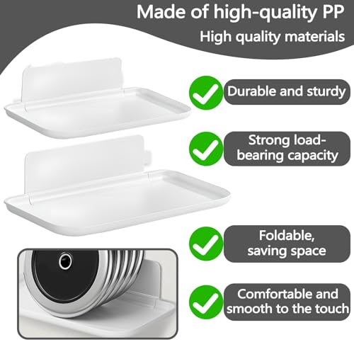 2 Pack White PP Folding Wall Shelf, 6.8" x 4.3" & 11" x 6.3" Foldable Adhesive Shelves, Small Fold-Down Wall Storage Tray for Bathroom Toilet Kitchen Phone Towel