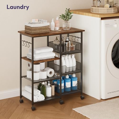 SWTYMIKI Kitchen Island Cart on Wheels - 28.35x14.57in Rolling Kitchen Table Cart with Storage Shelves, 6 Removable Hooks& Locking Casters, Coffee Bar Cabinet for Dining Room Pantry Office, Espresso - size: 28x14.57in, style: Espresso