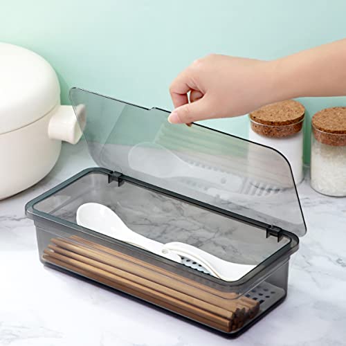 Flatware Tray Kitchen Drawer Organizer With Lid And Drainer - Plastic Kitchen Cutlery Tray and Utensil Storage Container with Cover - Dinnerware Holder for Spoons Forks Knives 10.0x4.3x2.8 - color: Coffee