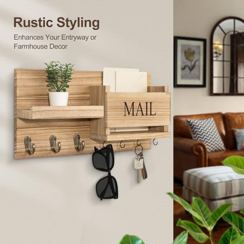 Lwenki Mail Organizer for Wall Mount – Key Holder with Shelf Includes Letter Holder and Hooks for Hallway Farmhouse Decor – Rustic Wood with Flush Mounting Hardware (16.5” x 9.1” x 3.4”) (Wood) - color: Wood