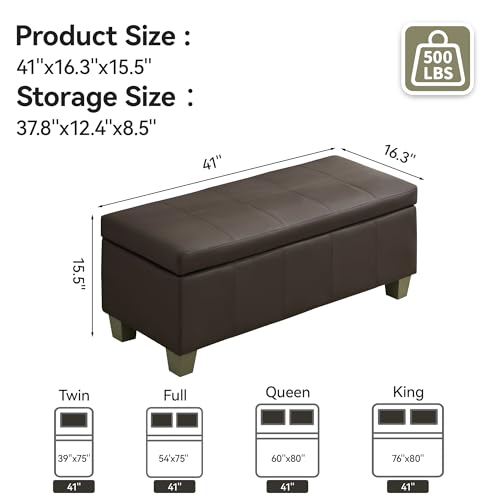WUTUTUEE 41" Faux Leather Storage Ottoman, Stitch Tufted Rectangle Upholstered End of Bed Storage Bench, Entryway Large Couch Ottoman with Wooden Legs,Brown - color: Brown, size: 41 Inch