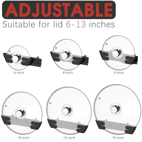 Adjustable Universal Pot Lid Holder Organizer - Upgraded Patented Pan Lids Organizers Inside Cabinet Door Wall Mount Pots Top Rack for Kitchen Cupboard Fit 6" to 13" (8Pack-Black) - size: 8Pack-Black