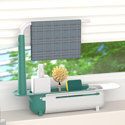 Telescopic Sink Storage Rack Adjustable with 2 Sponge - Sink Caddy Sponge Holder for kitchen sink(Green) - color: Green