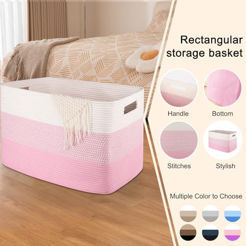 OIAHOMY 108L Super Large Blanket Basket For Living Room, 25”x16”x16” Rectangle Woven Baskets For Storage, Toy Storage with Handle - Pink&White - color: Pink&White