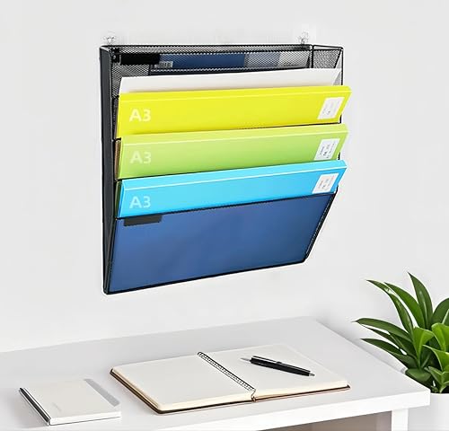 5 Tier Wall File Organizer, A3 Office Hanging Magazine Holder, Desktop Vertical Mail Paper Folder Holder Rack, Home Office Organization and Storage, Black (A3,5 Tier,Black) - color: A3,5 Tier,black