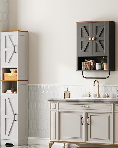 CHOEZON Bathroom Wall Cabinet, Medicine Cabinet with Open Partition and Towel Bar, Rustic Storage Cabinet with Open and Hidden Storage Space, for Bathroom, Living Room, Kitchen, Black and Walnut - color: Black and Walnut, size: 7.1"D x 15.4"W x 24.4"H