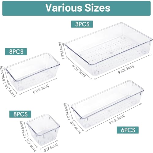 WOWBOX 25 PCS Clear Plastic Drawer Organizer Set, 4 Sizes Desk Drawer Divider Organizers and Storage Bins for Makeup, Jewelry, Gadgets for Kitchen, Bedroom, Bathroom, Office - color: Clear