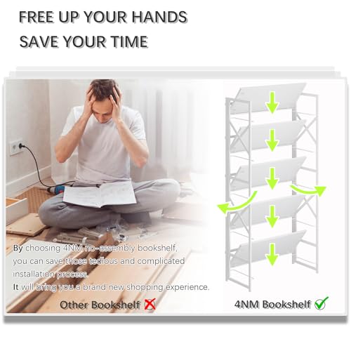 4NM 5 Tiers No Assembly Book Shelves, 51.2" H Folding Bookshelf Bookcase Open Industrial Foldable Shelves for Bedroom, Living Room, Home Office - All White - color: All White, size: XX 5-Tier