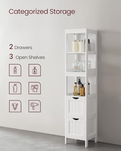 VASAGLE Storage Cabinet, Storage Organizer Rack Stand for Bathroom, Living Room, Multifunctional Corner Unit, 2 Drawers, 55.7 Inches in Height, White UBBC66WT - color: White, size: 55.7"H