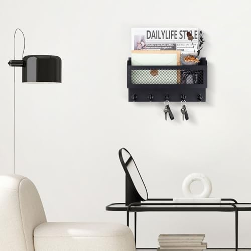 Nekon Mail and Key Holder for Wall Decorative, 11 Inch Wooden Wall Key Organizer with 5 Key Hooks, Wall Mount Storage Shelf for Entryway Hallway (Black) - color: Black