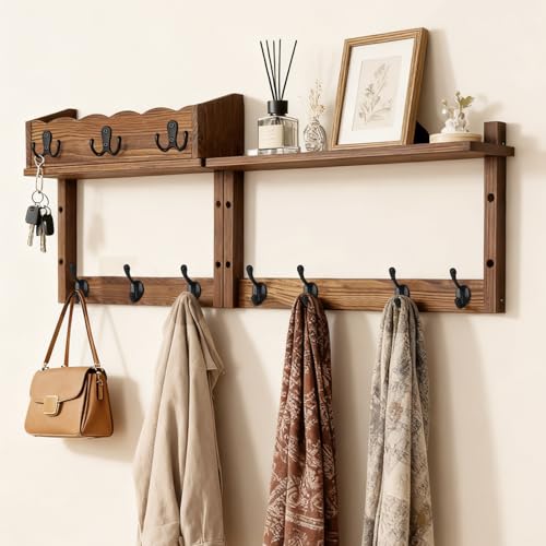 28" Coat Rack Wall Mount with Shelf, Entryway Key Holder Wall Mount Wood Wall Coat Hooks with 7 Hooks 3 Key Hanger, Wall Mounted Coat Rack Mail Holder for Living Room, Bedroom - color: Brown, size: 28 inch