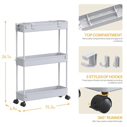 SPACELEAD Slim Storage Cart 3 Tier,Bathroom Organizer Rolling Utility,Mobile Shelving Unit Slide Out for Office, Kitchen, Laundry Room & Narrow Places,Gray - color: Grey