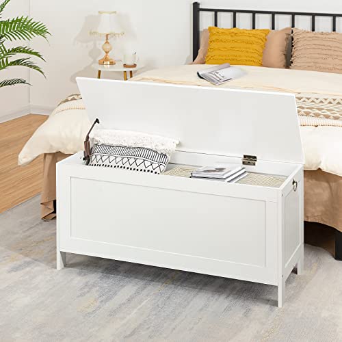 HOOBRO Toy Box, Retro Wooden Look Storage Chest with Safety Hinge, Entryway Storage Bench Supports 220 lb, 39.4 x 15.7 x 18.9 Inches Toy Chest Organizer, Easy Assembly (White) - color: White, size: 39.4x15.7x18.9 Inch
