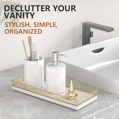 Bathroom Tray for Counter Top Organizer – Oak Wood Vanity Tray with Metal Frame for Dresser, Kitchen, Nightstand – Gold & White Decorative Storage - color: Gold & White, size: 11" x 4.5" x 1.5"