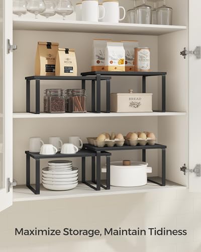 SONGMICS Cabinet Organizer Shelf, Set of 4 Kitchen Counter Shelves, Kitchen Storage, Spice Rack, Stackable, Expandable, Metal and Engineered Wood, Ink Black and Ebony Black UKCS027B01 - color: Ink Black + Ebony Black, size: 11.7"W