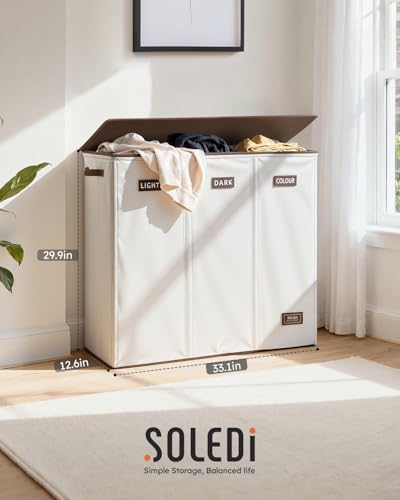 SOLEDI 200L 3-Section Laundry Hamper with Lid, Extra Large Dirty Clothes Basket with Sturdy Handles for Laundry Room & Bedroom - Durable Organizer for Sorting Laundry - color: Off-white, size: 200L